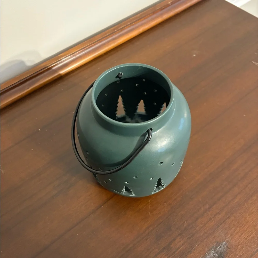 Green Ceramic Lantern Candle Holder with Tree Cutouts Holiday Winter Decor